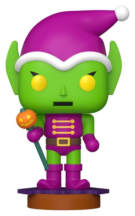 Marvel Holiday Funko POP! Green Goblin nutcracker vinyl figure in purple hat holding a pumpkin staff