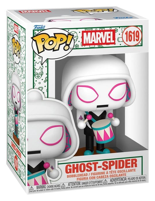 Marvel Funko POP! 1619 Ghost-Spider Gwen nutcracker bobblehead shown in its festive display box