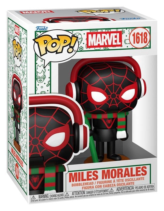 Marvel Funko POP! 1618 Miles Morales nutcracker bobblehead shown in its festive window display box