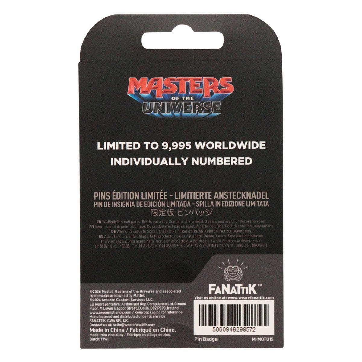 Back of the Masters of the Universe pin badge box, limited to 9,995 and individually numbered