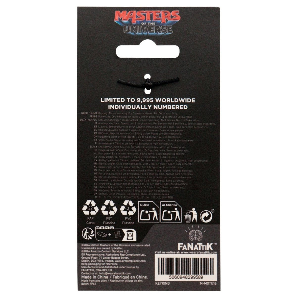 Back of the Masters of the Universe Skeletor keyring backing card with edition details