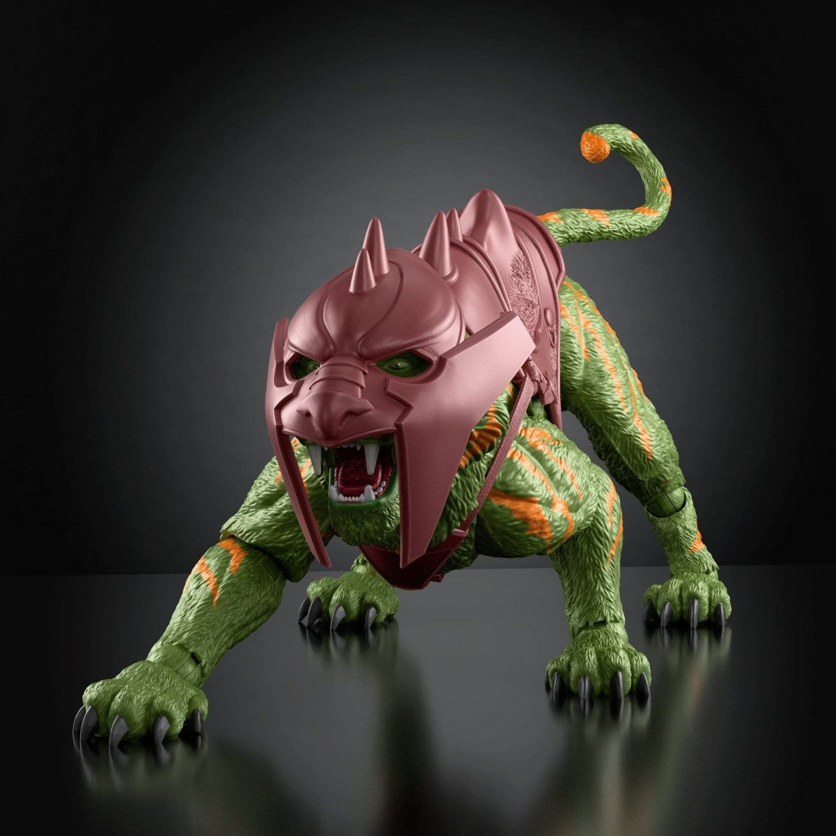 Masters of the Universe Movie Chronicles Battle Cat wearing red helmet and saddle, front view