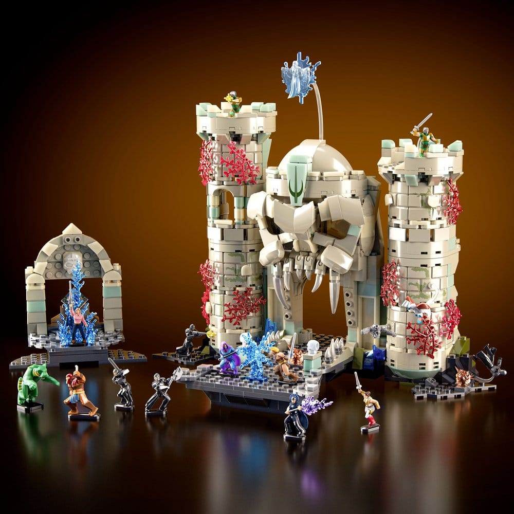 Completed Brick Shop Castle Grayskull on a dark table with NanoWorld figures lined up in front