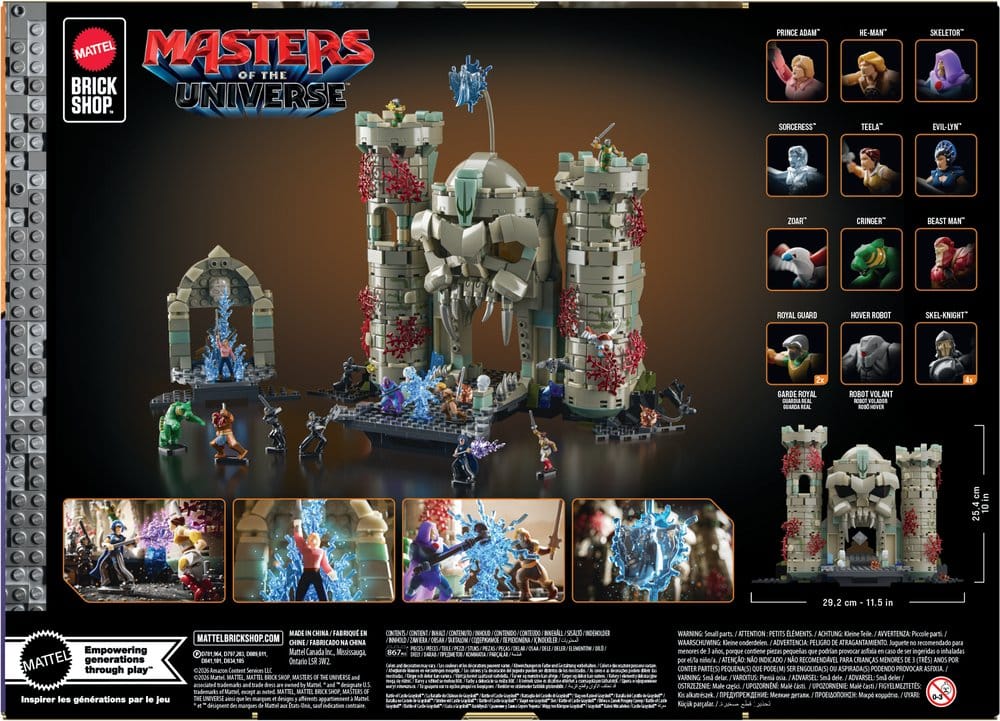 Back of the Mattel Brick Shop Castle Grayskull box showing the build, figures and play features