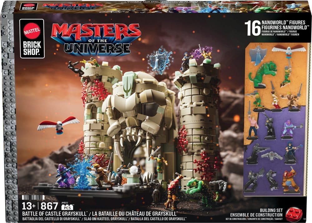 Mattel Brick Shop Battle of Castle Grayskull box front with the 16 NanoWorld figures panel