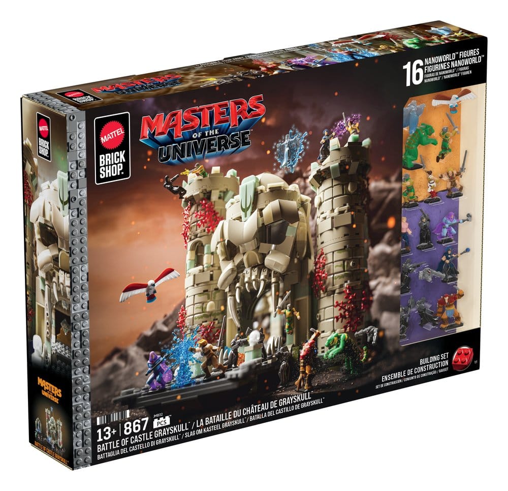 Masters of the Universe Brick Shop Castle Grayskull box, right angled view showing 16 figures