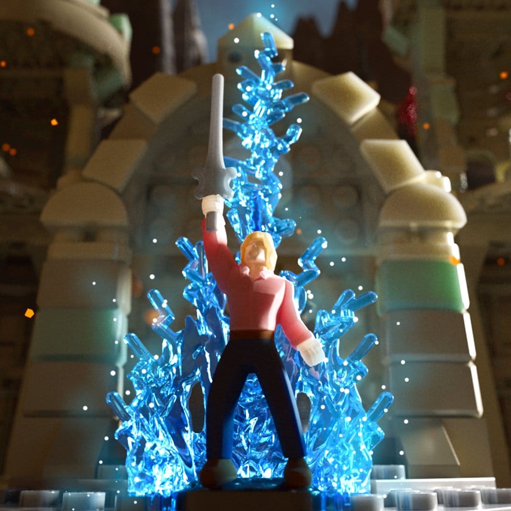 Close-up of a NanoWorld hero raising a sword inside a blue energy effect, Brick Shop Grayskull