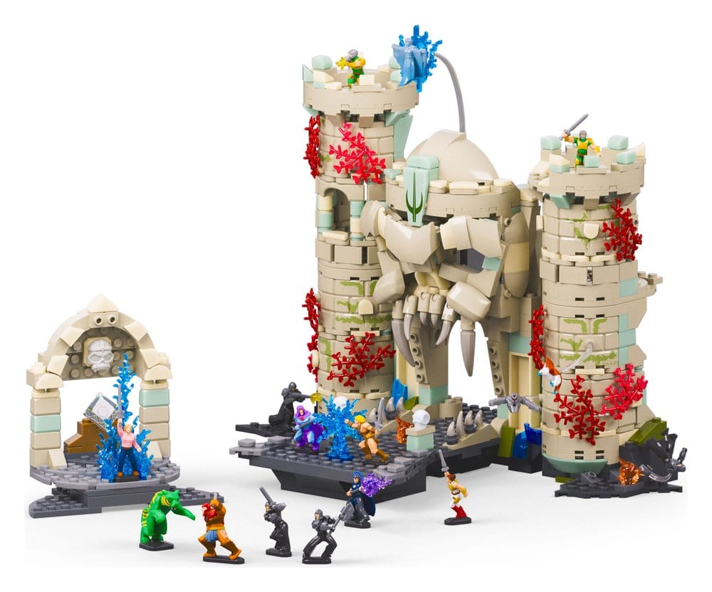 Mattel Brick Shop Castle Grayskull built set with skull gate, towers and NanoWorld figures