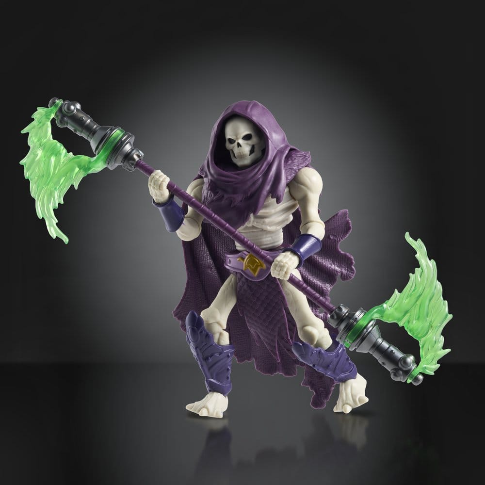 Masters of the Universe Origins Sepult-Ro Disciple skeletal figure in purple hood with green-flame staff