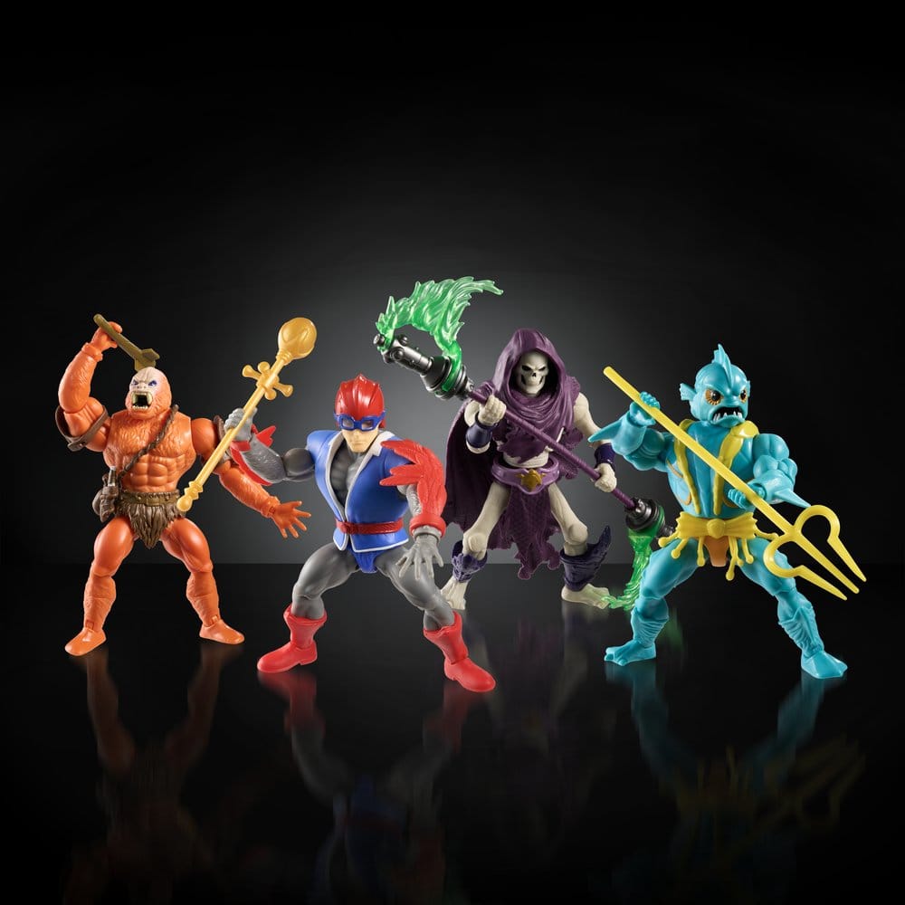 Battle for Subternia Origins figures lined up together against a dark background, Mattel