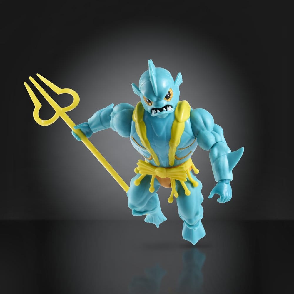 Masters of the Universe Origins Aquatican Mer-Warrior figure in turquoise with a yellow trident