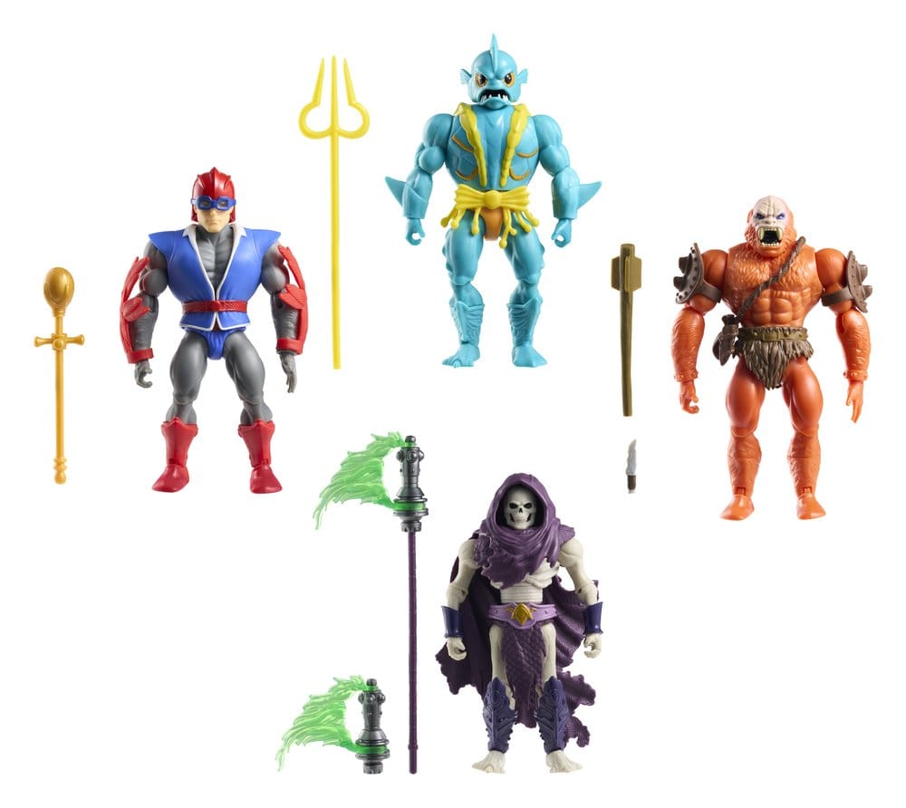 Masters of the Universe Origins Battle for Subternia figures shown with all their accessories