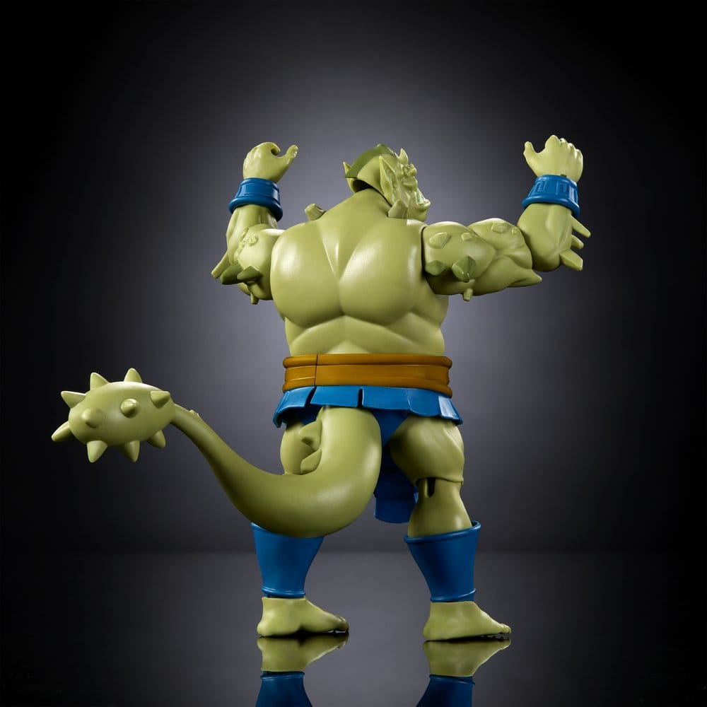 Masters of the Universe Origins Whiplash figure rear view showing the rotating spiked tail