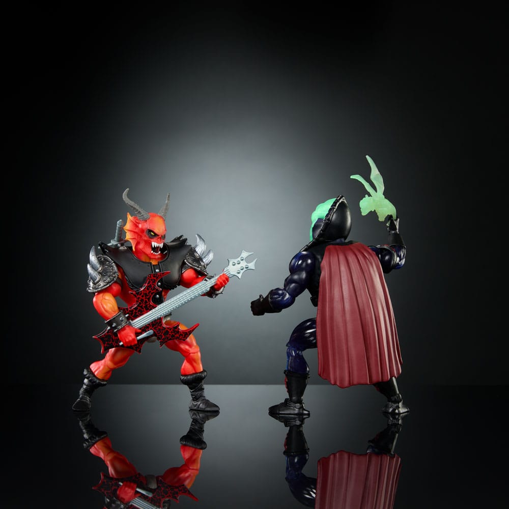 Origins Hellfire-Man playing a guitar weapon while Hordak faces him, rear view of Hordak