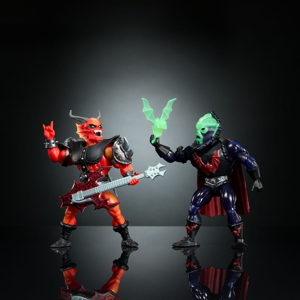 Origins Hellfire-Man with guitar and Hordak with green bat face off, MOTU x Stranger Things