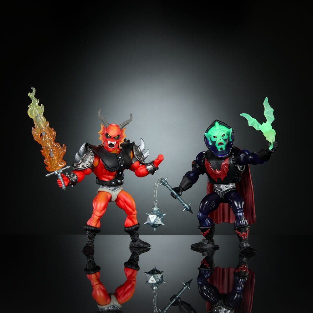Origins Hellfire-Man with flame sword facing Hordak holding a green bat, dark backdrop