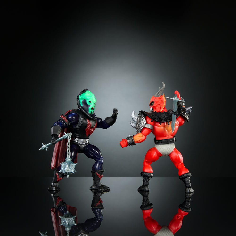 Origins Hordak swinging a spiked flail at Hellfire-Man, Masters of the Universe x Stranger Things