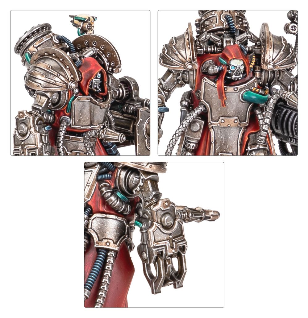 Close-up panels of a hooded Myrmidon Destructor, augmetic torso and shock charger arm