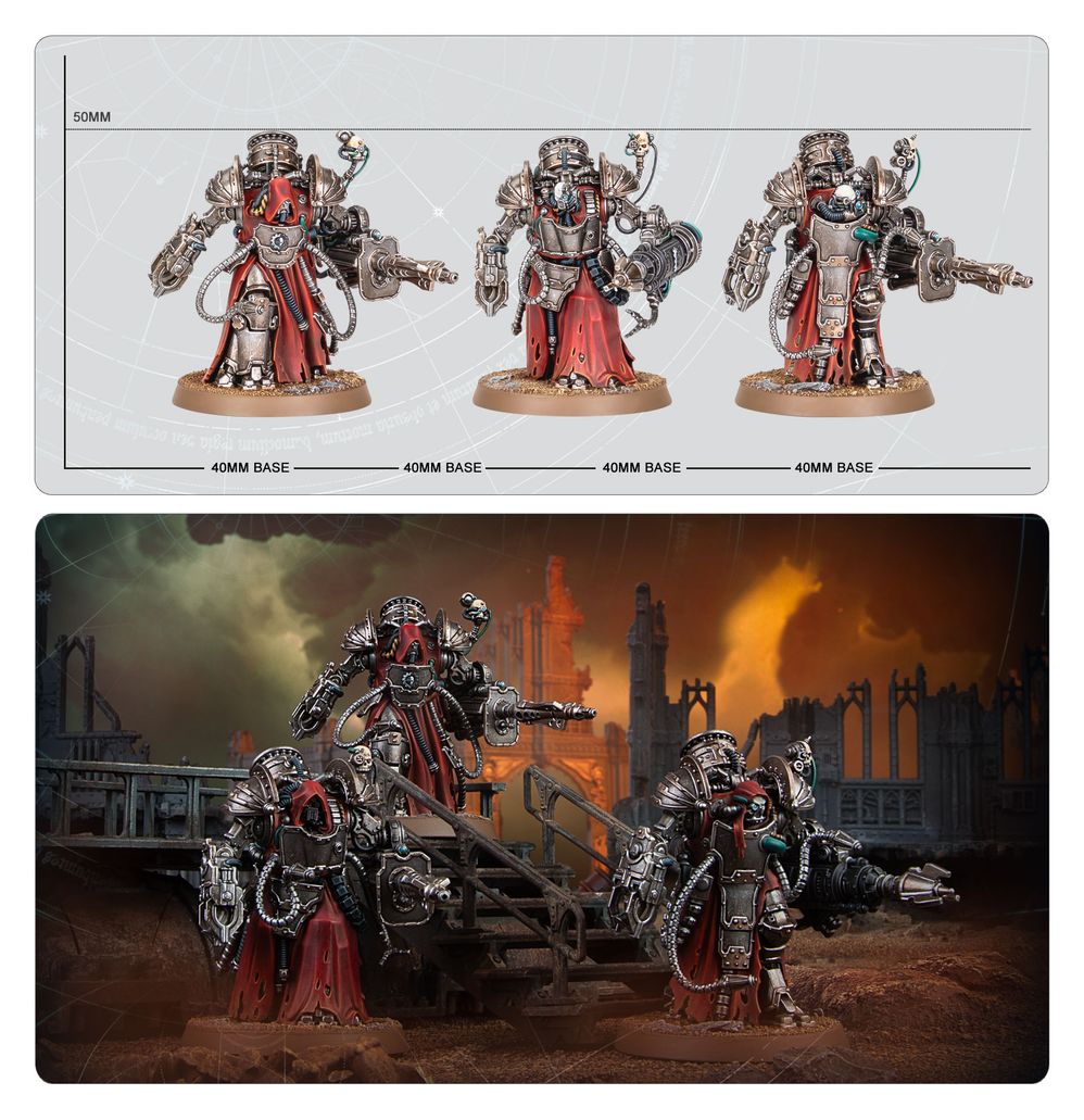 Myrmidon Destructor size guide on 40mm bases above a painted battle scene in a ruined forge