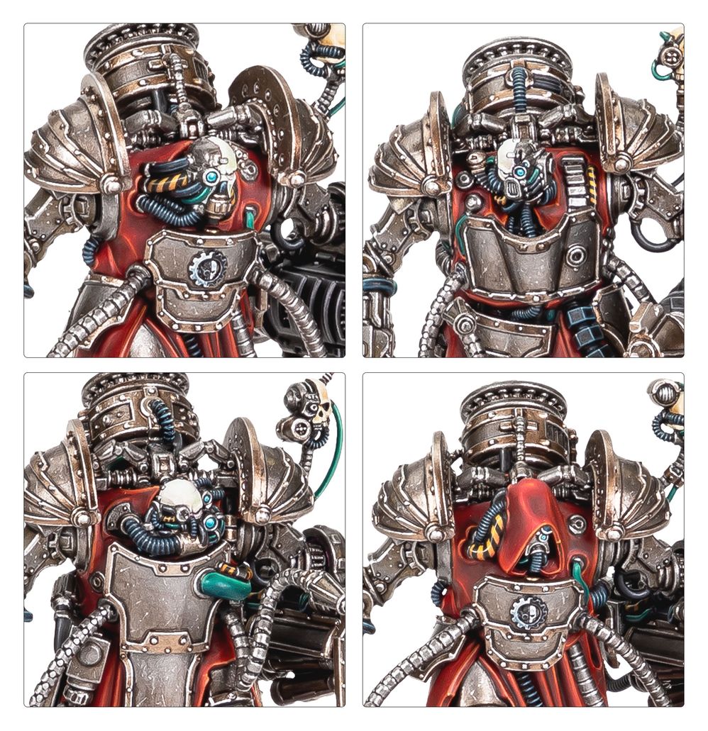Close-up panels of painted Myrmidon Destructor heads, hooded and unhooded, with servo-skulls