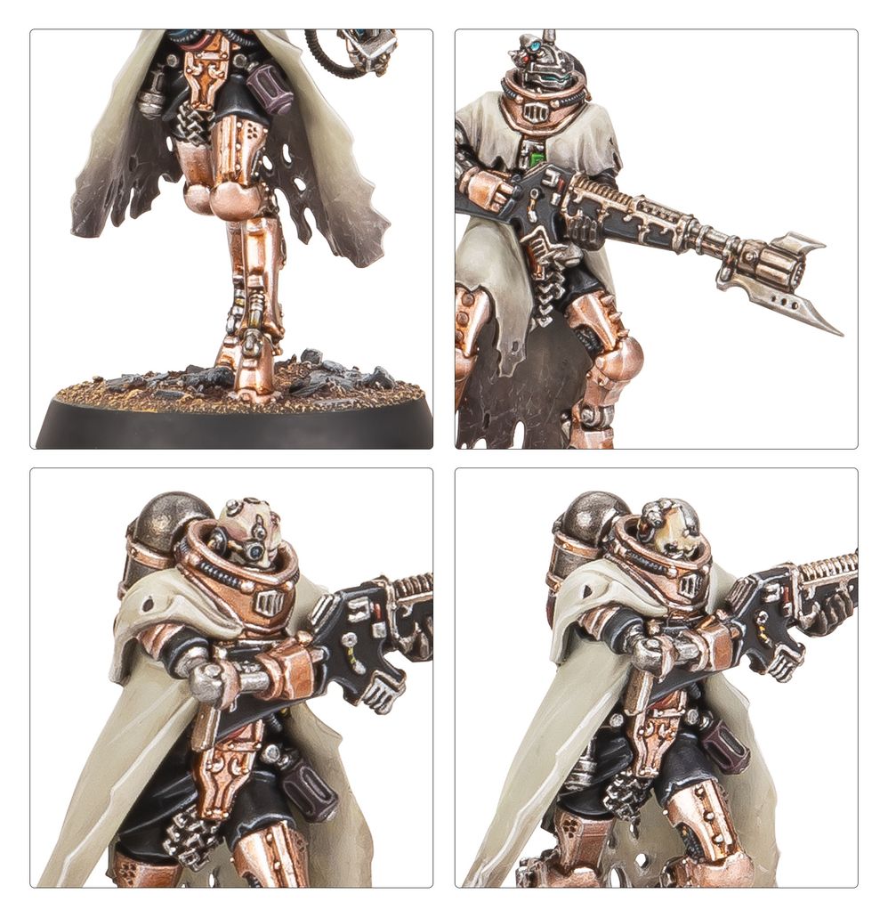 Close-ups of painted Skitarii Battle-Pilgryms showing legs, guns and helmets