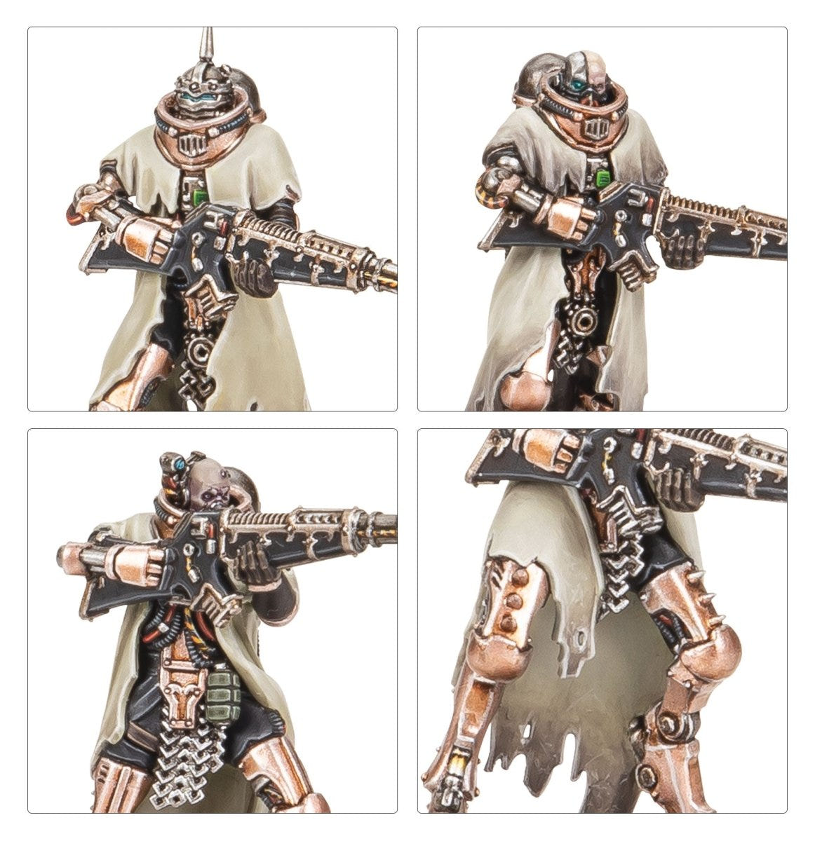 Close-ups of painted Skitarii Battle-Pilgryms aiming voltlock arquebuses