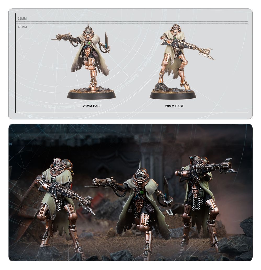 Skitarii Battle-Pilgryms base size guide and painted models in a battlefield scene