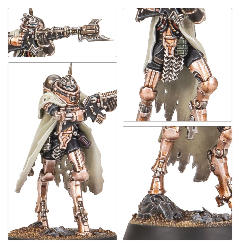 Close-ups of painted Battle-Pilgrym with voltlock arquebus, cloak and augmetic legs