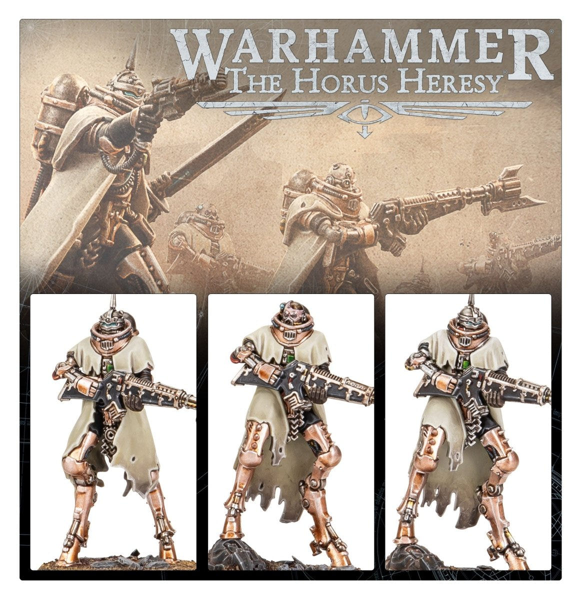 Horus Heresy artwork of Skitarii with three painted Battle-Pilgrym miniatures