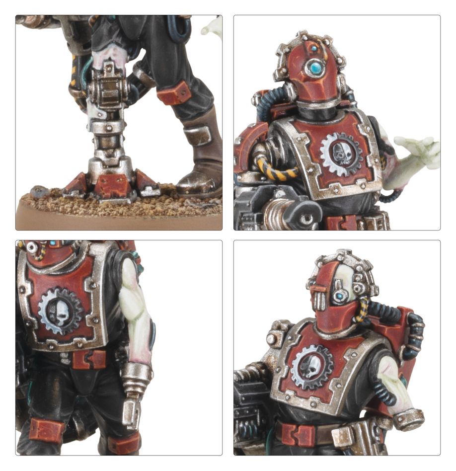 Close-ups of painted Tech-thralls: mechanical leg, red domed helm and cog-marked chest plate