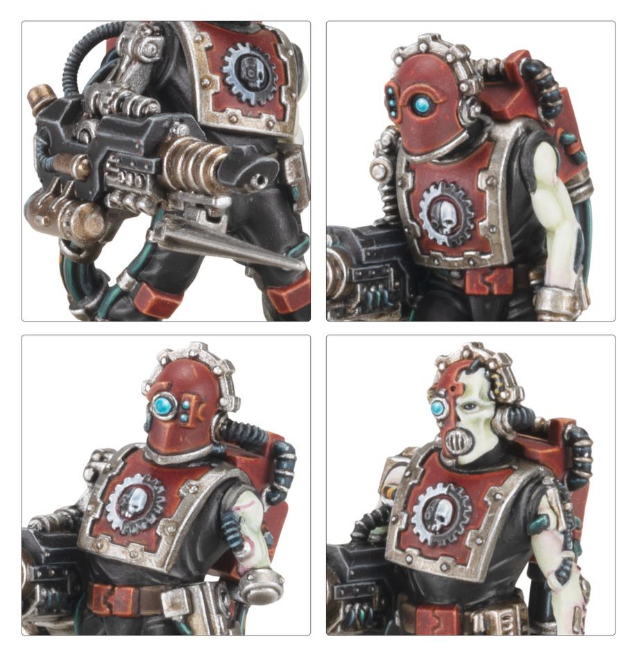 Close-ups of painted Tech-thralls showing a las-lock, glowing-eyed helms and a masked pale face