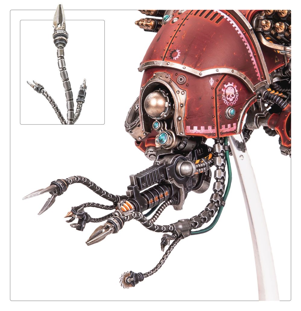 Close-up of the Vultarax's claw arms and weapon, with an inset of the claw tip