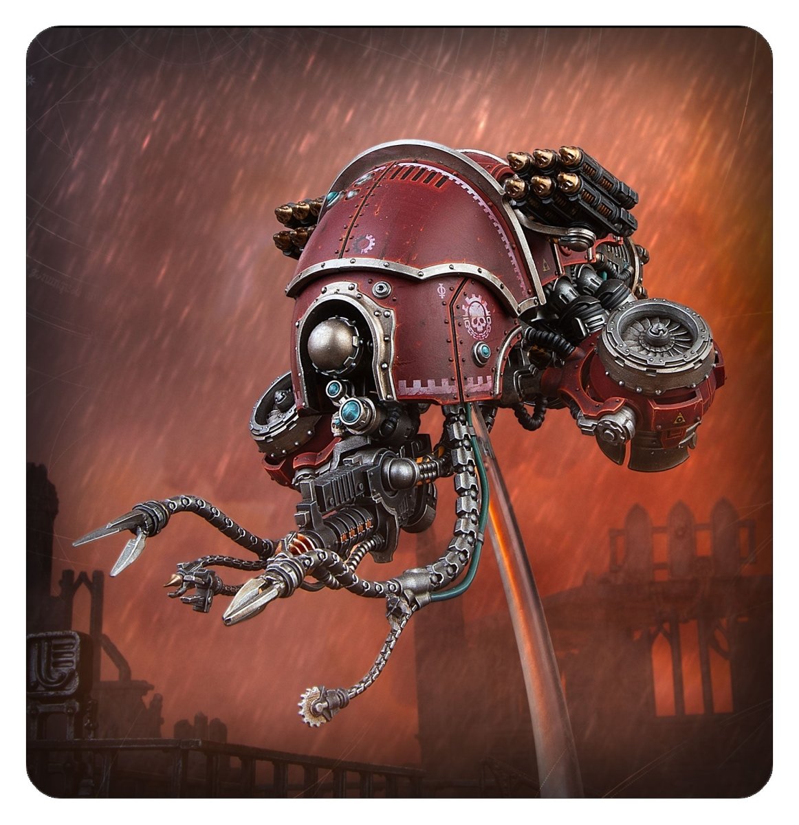 Painted Vultarax Stratos-Automata photographed against a stormy red ruined backdrop