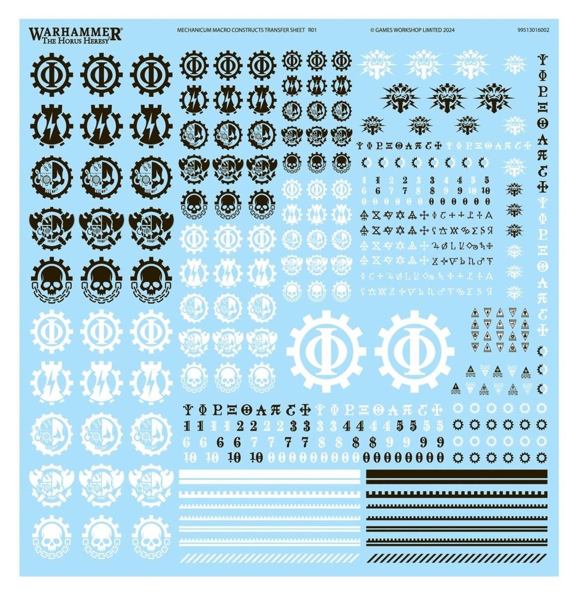 Mechanicum waterslide transfer sheet with cog icons, numerals and markings