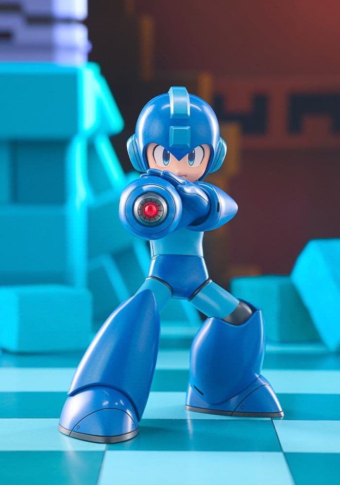 Mega Man Oshi Works figure in a firing stance against a pixel-style blue stage backdrop