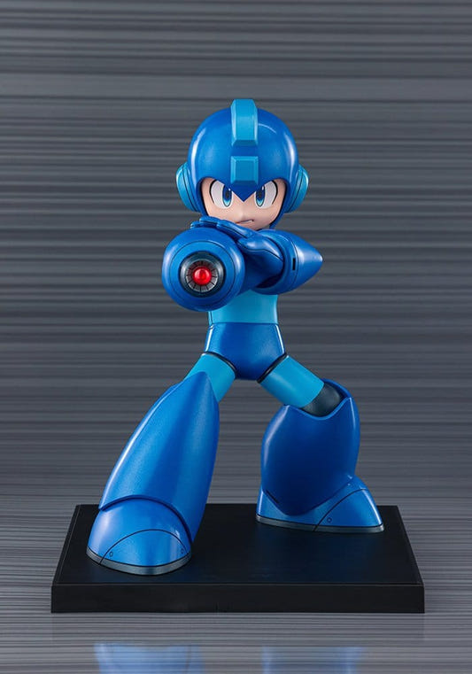 Kotobukiya Oshi Works Mega Man figure, front view aiming his Mega Buster on a black base
