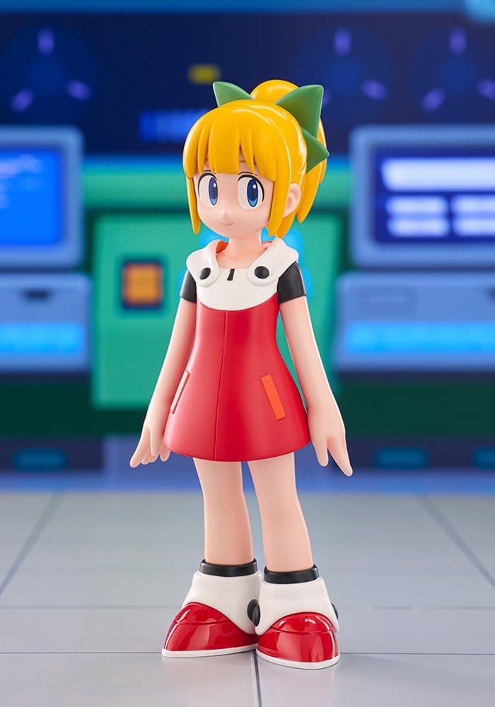 Mega Man 11 Roll Oshi Works figure standing in front of a blue and green lab backdrop