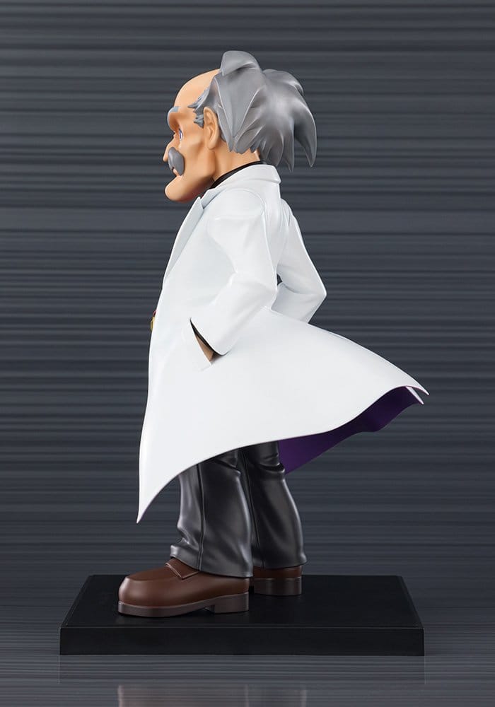 Side view of the Kotobukiya Dr. Wily figure showing his swept-back lab coat on the base