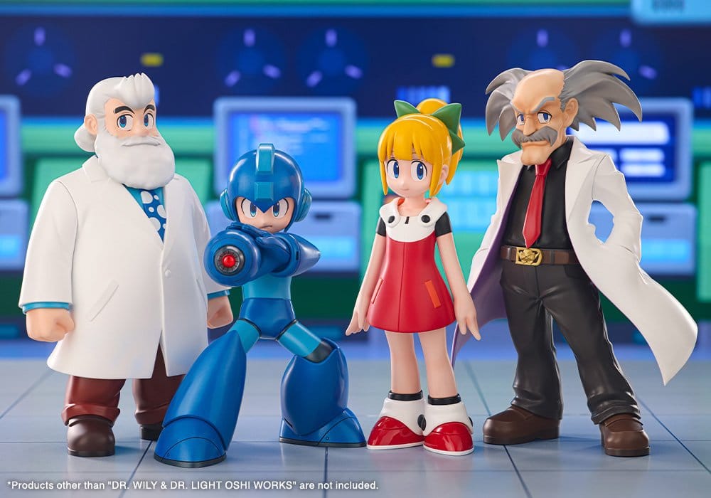 Dr. Light and Dr. Wily figures lined up with Mega Man and Roll figures, sold separately