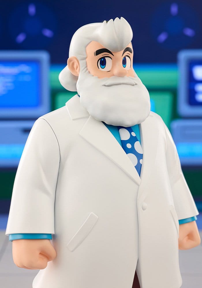 Close-up of the Mega Man Dr. Light figure's bearded face and white lab coat