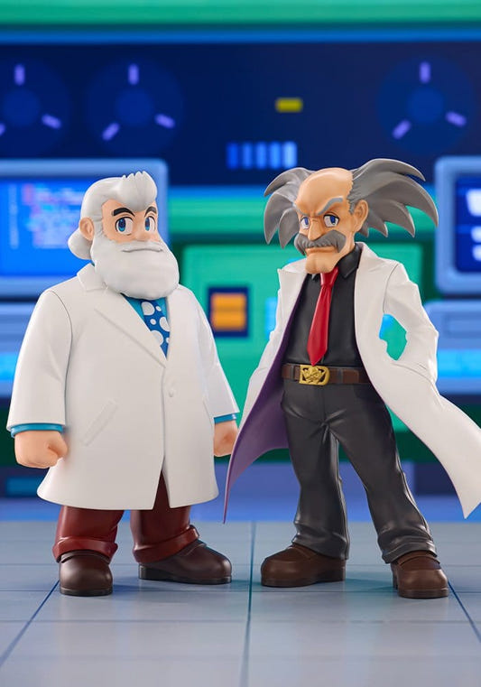 Kotobukiya Oshi Works Dr. Light and Dr. Wily figures from Mega Man 11 standing side by side