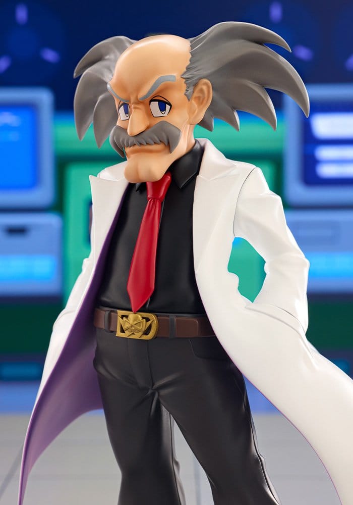 Close-up of the Mega Man Dr. Wily figure showing his grey hair, moustache and red tie