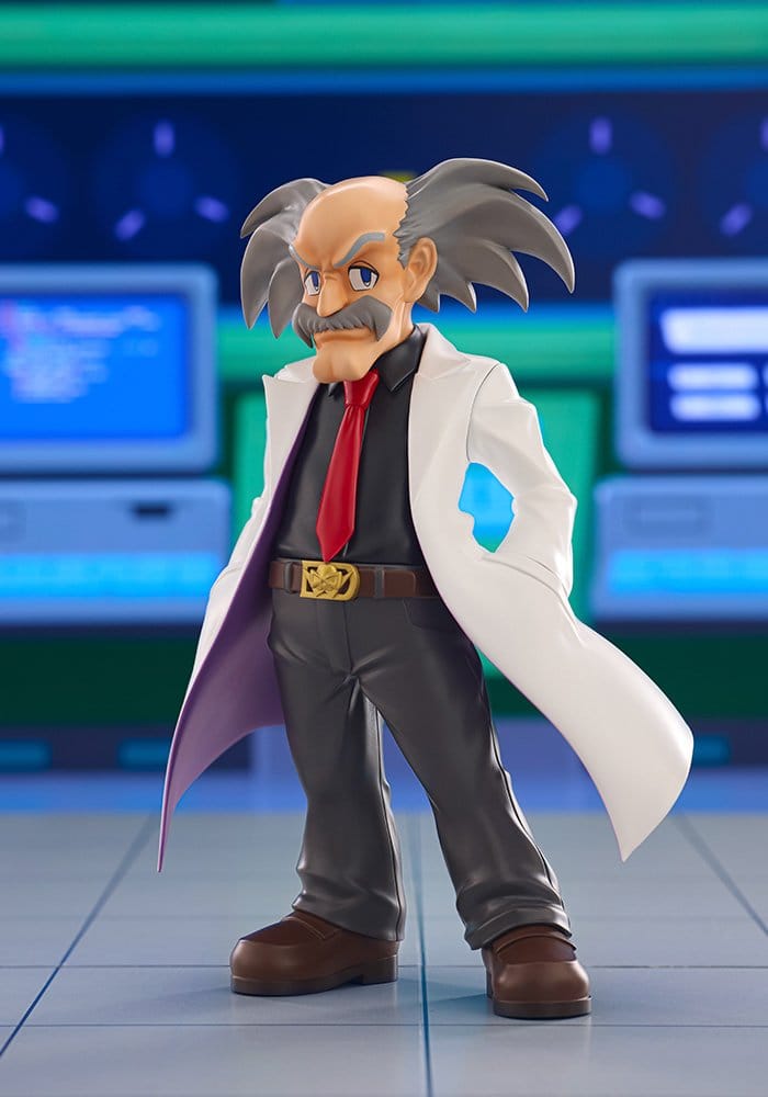 Dr. Wily Oshi Works figure in lab coat, red tie and gold belt buckle in a lab setting