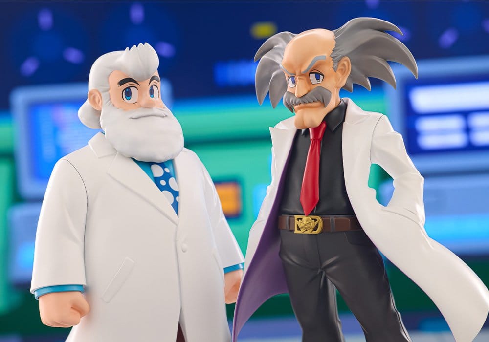 Close-up of the Dr. Light and Dr. Wily Oshi Works figures in white lab coats