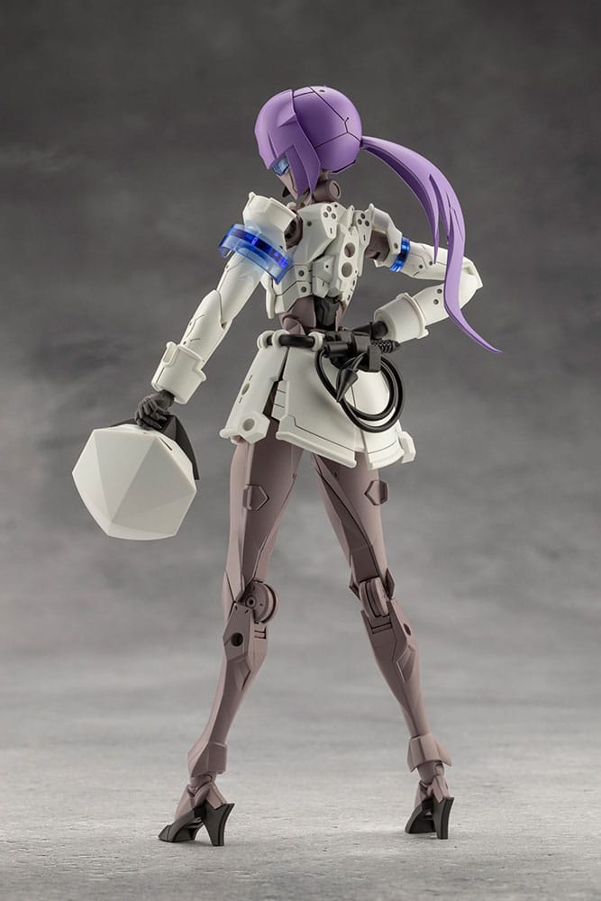 Megalomaria Vanguard Leader rear view holding her cap, purple ponytail showing