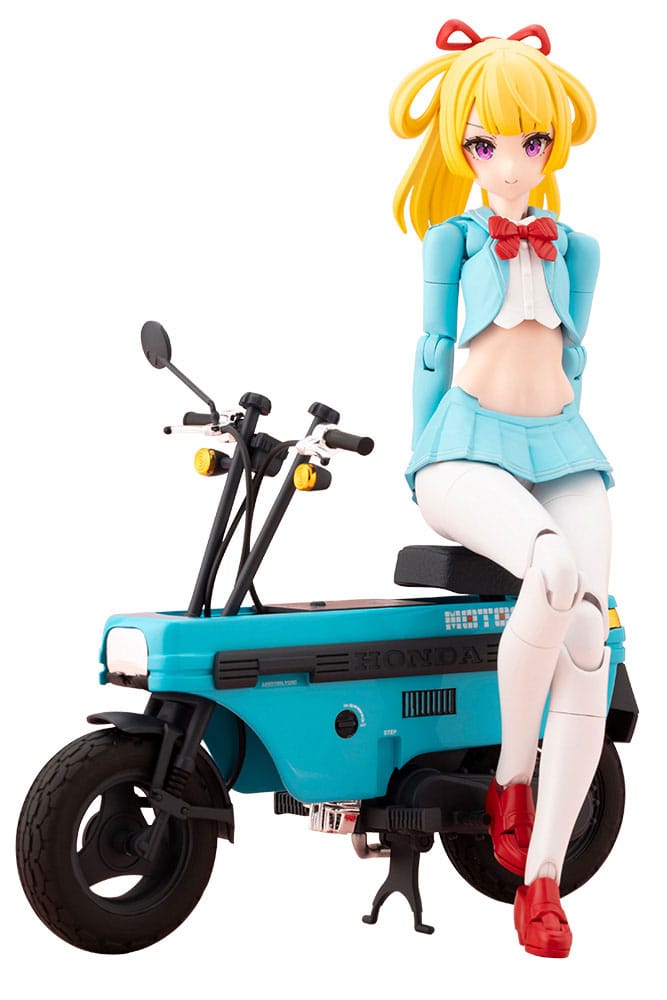 Kotobukiya Megami Device Knight Alice sitting on the turquoise Honda AB12 Motocompo kit