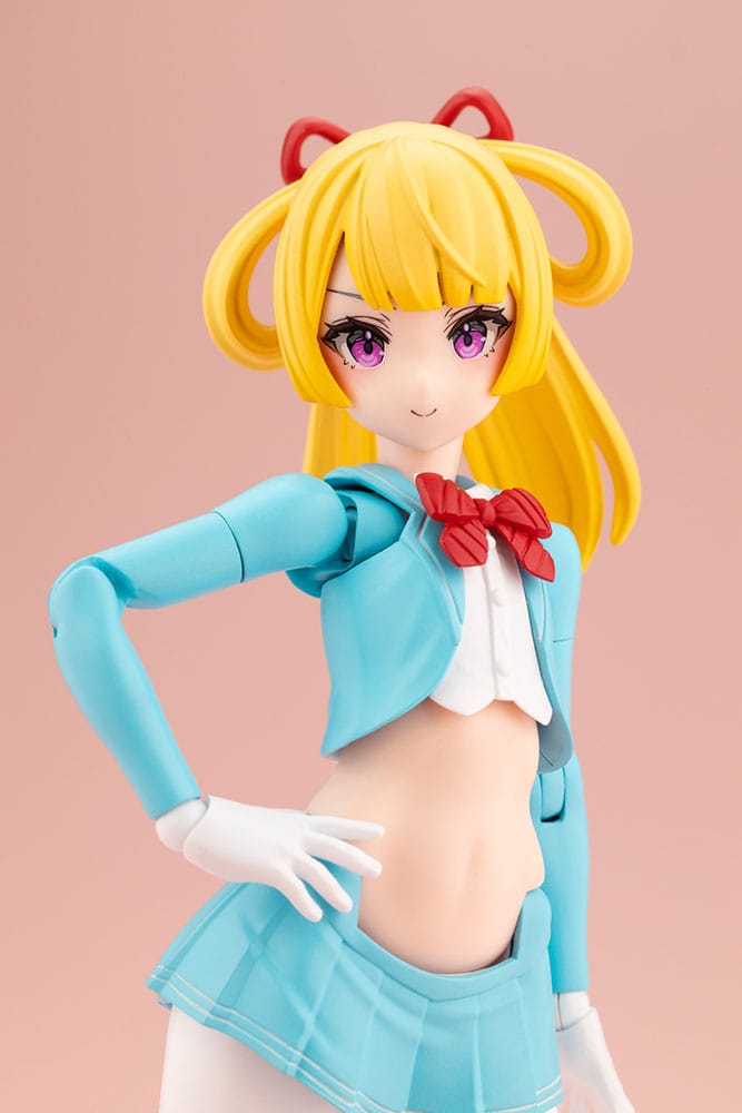 Close-up of the Megami Device Knight Alice face with pink eyes and red bow tie