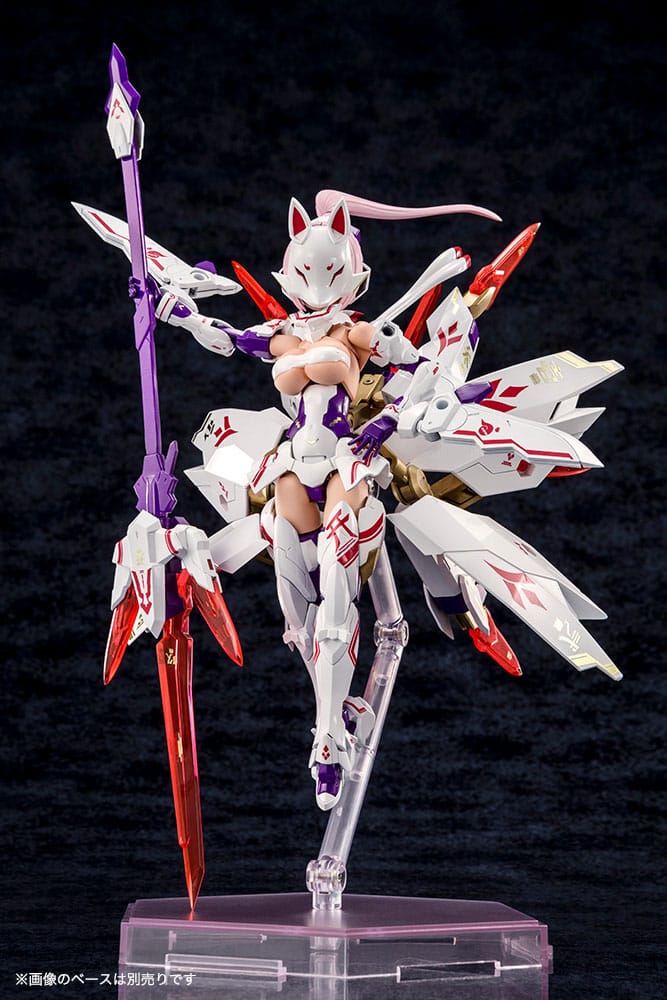 Megami Device Asra Nine-Tails wearing fox mask holding a tall purple spear on display base