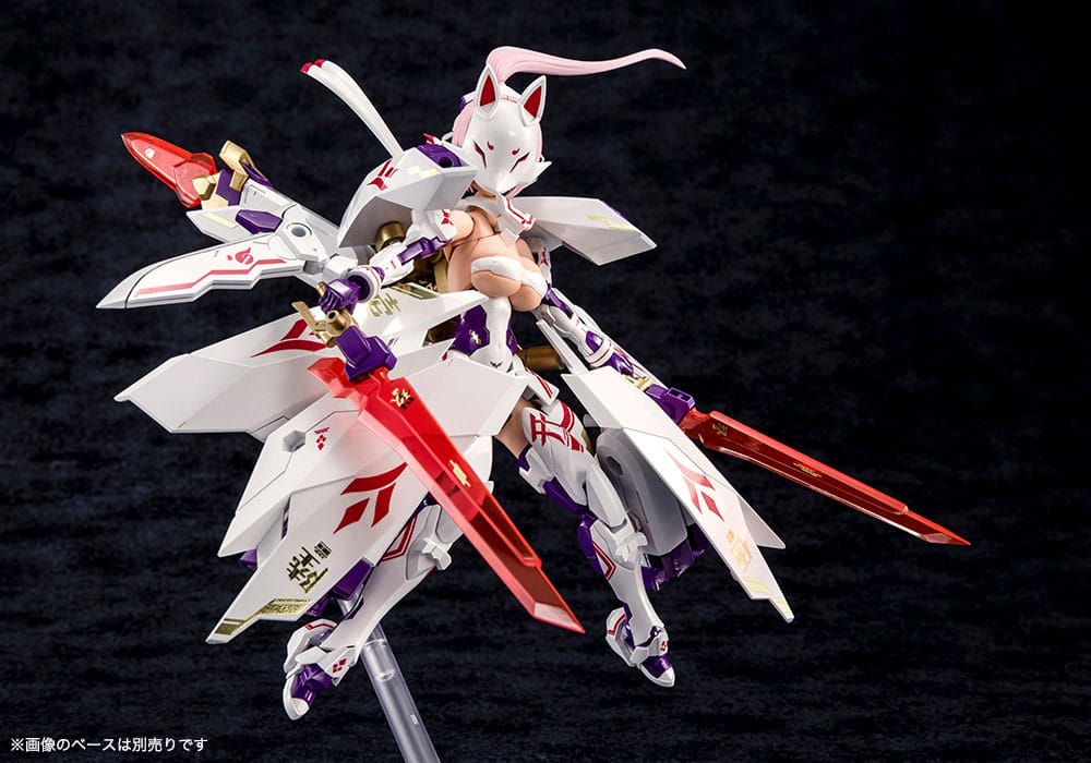 Megami Device Asra Nine-Tails leaning forward with fox mask and red blades in flight pose