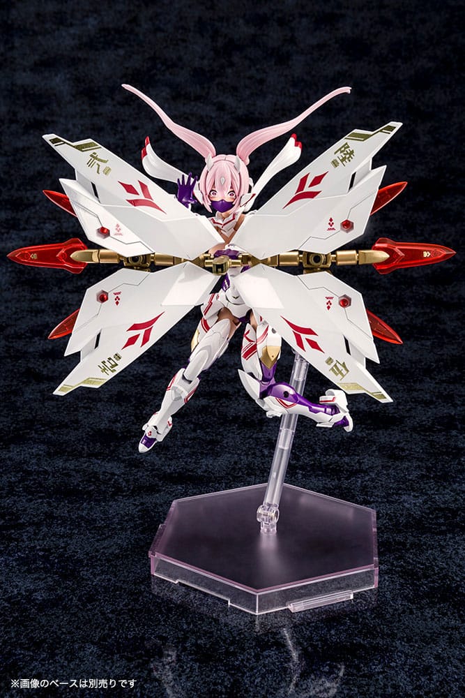 Megami Device Asra Nine-Tails front view, masked pink-haired figure with white and gold tail armour fanned out on stand